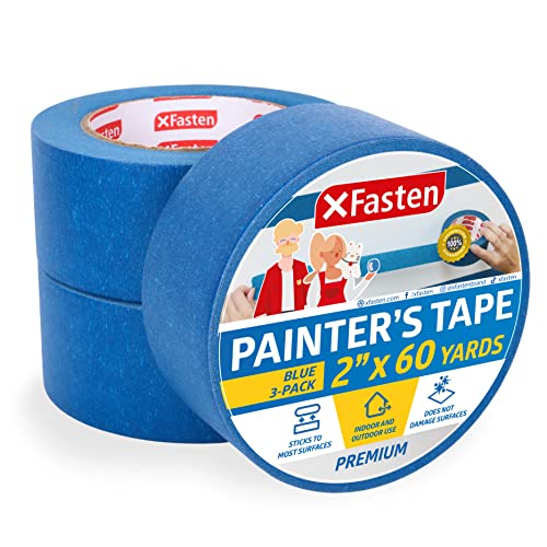 XFasten Professional Blue Painters Tape 2-Inches x 60 Yards (3-Pack) Blue Painters Masking Tape Bulk - Sharp Edge Line Technology, Produces Sharp Lines | Residue-Free and Artisan Grade Wall Trim Tape