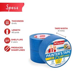 XFasten Professional Blue Painters Tape 2-Inches x 60 Yards (3-Pack) Blue Painters Masking Tape Bulk - Sharp Edge Line Technology, Produces Sharp Lines | Residue-Free and Artisan Grade Wall Trim Tape