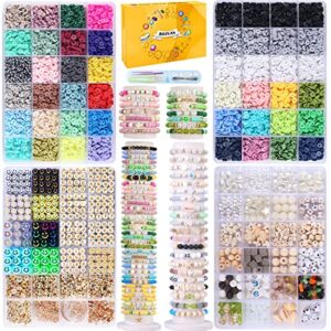 BOZUAN 4 Boxes 14220 PCS Polymer Clay Beads for Bracelet Making Kit for Teen Girls Ages 6-12, Jewelry Making Kit with White Turquoise, Volcanic Stones, Obsidian, Crystal Stones and So On