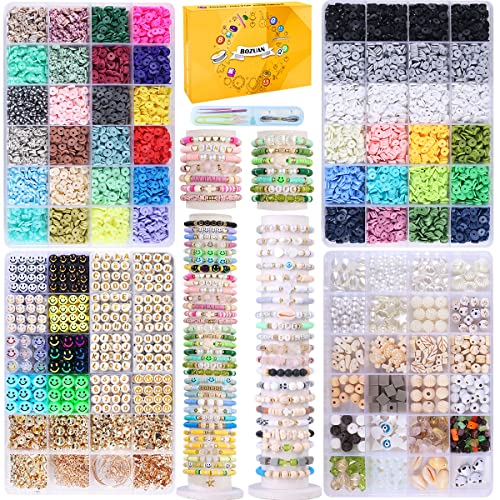 BOZUAN 4 Boxes 14220 PCS Polymer Clay Beads for Bracelet Making Kit for Teen Girls Ages 6-12, Jewelry Making Kit with White Turquoise, Volcanic Stones, Obsidian, Crystal Stones and So On