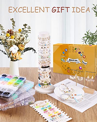 BOZUAN 4 Boxes 14220 PCS Polymer Clay Beads for Bracelet Making Kit for Teen Girls Ages 6-12, Jewelry Making Kit with White Turquoise, Volcanic Stones, Obsidian, Crystal Stones and So On