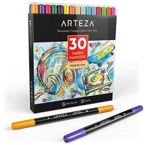 arteza fabric paint markers, set of 30, permanent dual-tip textile marker, assorted colors, art supplies for coloring t-shirts, jeans, jackets, and backpacks