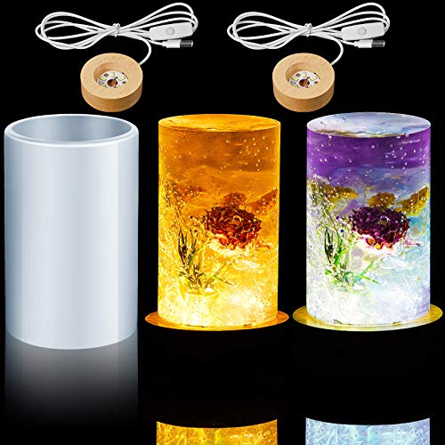 Cylinder Light Resin Silicone Mold Set, Include Cylinder Light Resin Mold and USB Powered Wooden Lighted Base Stand for DIY Desktop Ornaments Table Lamp Table Candle Home Decorations (3 Pieces)