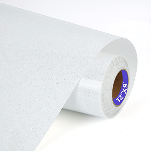 HTVVETUR Glitter White Heat Transfer Vinyl - 12" x 9ft Iron on Vinyl HTV Vinyl for Shirts, Cameo - Easy to Cut & Weed for Heat Vinyl Design (J001-9ft)