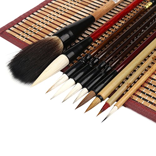 Shanlian Hubi Writing Brush Chinese Calligraphy Brush Set Kanji Japanese Sumi Painting Drawing Brushes 10 Piece/Set+Roll-up Bamboo Brush Holder