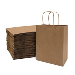 prime line packaging – 8x4x10 inch 100 pack kraft paper bags, brown gift bags with handles, small craft shopping bags in bulk for boutiques, small business, retail stores, gifts & merchandise
