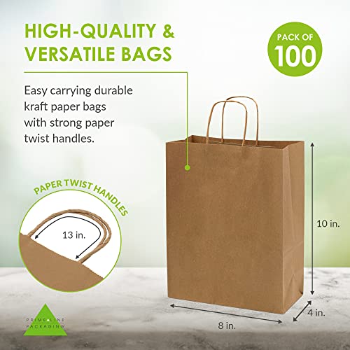 Prime Line Packaging - 8x4x10 Inch 100 Pack Kraft Paper Bags, Brown Gift Bags with Handles, Small Craft Shopping Bags in Bulk for Boutiques, Small Business, Retail Stores, Gifts & Merchandise