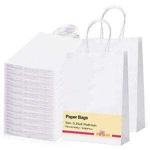 mesha white paper bags with handles,100 pcs kraft paper bags for small business; 5.25×3.75×8 white small gift bags with handles bulk,premium paper gift bags,small paper shopping bags，