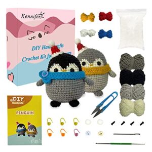 kennifer crochet kit for beginners, set of 2 christmas penguin with step-by-step video tutorials, complete crochet kit for adults and kids, yarn, hook, needles, scissors, all accessories include