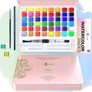artistro watercolor paint set, 48 vivid colors, including metallic and fluorescent colors. perfect travel watercolor set for artists, amateur hobbyists and painting lovers