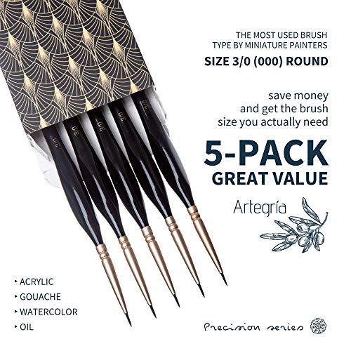 ARTEGRIA Detail Paint Brush Set - 5 Miniature Paint Brushes Size Round 3/0 000 - Fine Tips Ergonomic Handles for Small Scale Models Warhammer 40k Paint by Numbers for Adults - Acrylic Watercolor Oil