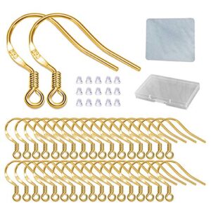 Gold Fishhook Earring Hooks - 120 PCS/60 Pairs 18K Gold Hypoallergenic Ear Wires Fish Hooks for Jewelry Making, Jewelry Findings Parts with 120 PCS Rubber Earring Backs Stopper for DIY Earrings