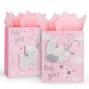 12.6″ large baby shower birthday gift bags for girl with tissue papers 2-pack (pink)