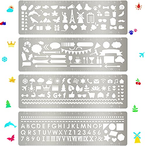 4 Pieces Metal Stencil Bookmark Metal Journal Stencil Ruler Stainless Steel Stencils Kit Metal Notebook Stencil Templates for DIY, Engraving, Painting, Scrapbooking,100th Day of School 7.1 x 2.3 Inch