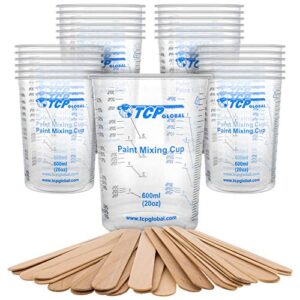 tcp global 20 ounce (600ml) disposable flexible clear graduated plastic mixing cups – box of 25 cups & 25 mixing sticks – use for paint, resin, epoxy, art, kitchen – measuring ratios 2-1, 3-1, 4-1, ml