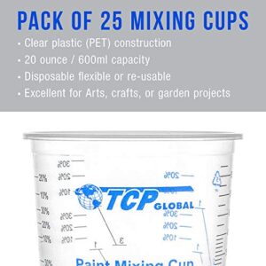 TCP Global 20 Ounce (600ml) Disposable Flexible Clear Graduated Plastic Mixing Cups - Box of 25 Cups & 25 Mixing Sticks - Use for Paint, Resin, Epoxy, Art, Kitchen - Measuring Ratios 2-1, 3-1, 4-1, ML