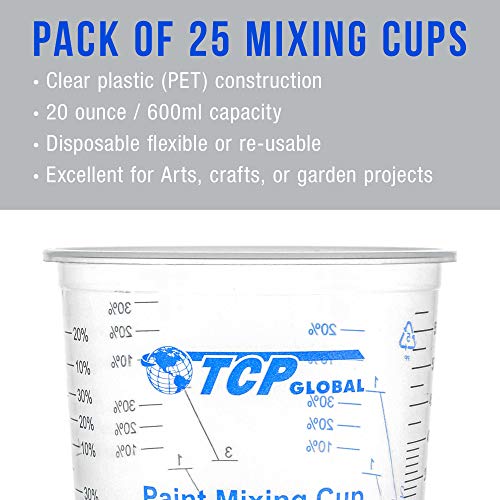 TCP Global 20 Ounce (600ml) Disposable Flexible Clear Graduated Plastic Mixing Cups - Box of 25 Cups & 25 Mixing Sticks - Use for Paint, Resin, Epoxy, Art, Kitchen - Measuring Ratios 2-1, 3-1, 4-1, ML