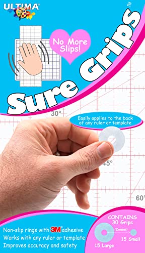 Sure Grips by Ultima – Non-Slip Ruler Grip Rings with 3M Adhesive Backing – Designed for Quilting & Patchworking – Works on Any Ruler – 30 Rings, 15 Large & 15 Small