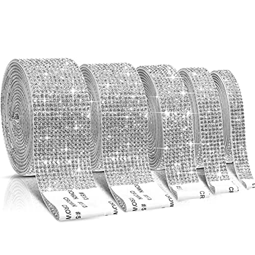 5 Rolls Self Adhesive Crystal Rhinestone Diamond Roll Ribbon Bling Gemstone Strips Sticker Rhinestone for Craft with 2 mm Rhinestone 4.5 Yards, DIY Event Car Phone Decoration (Silver)