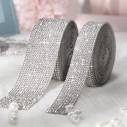 5 Rolls Self Adhesive Crystal Rhinestone Diamond Roll Ribbon Bling Gemstone Strips Sticker Rhinestone for Craft with 2 mm Rhinestone 4.5 Yards, DIY Event Car Phone Decoration (Silver)