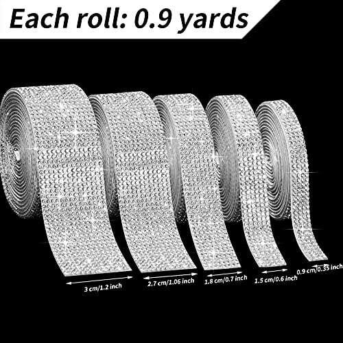 5 Rolls Self Adhesive Crystal Rhinestone Diamond Roll Ribbon Bling Gemstone Strips Sticker Rhinestone for Craft with 2 mm Rhinestone 4.5 Yards, DIY Event Car Phone Decoration (Silver)