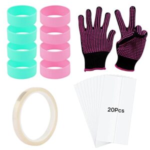 htvront heat resistant gloves kit – 2pcs heat gloves for sublimation, 8 pcs silicone bands for sublimation tumbler, 1 pcs heat tape for sublimation, 20pcs shrink wrap for sublimation tumblers