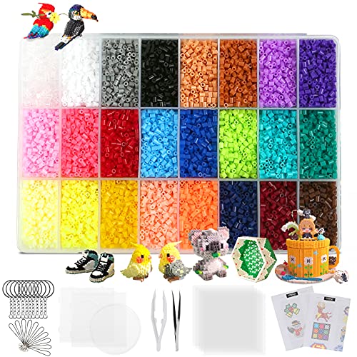 24000 Fuse Beads, 24 Color 2.6mm Tiny Mini Fuse Beading Kit with Pegboards Ironing Paper for Party Craft