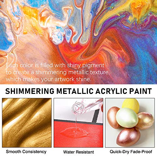 Metallic Acrylic Paint, Abeier Set of 24 Metallic Colors in 2oz/60ml Bottle, Rich Pigments, Non Fading, Non Toxic Paints for Artist, Beginners & Kids Painting on Rocks Crafts Canvas Wood, Fabric&Stone