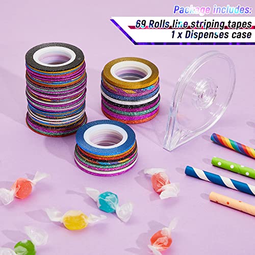 69 Rolls Line Striping Tape for Tumblers Making Holographic Pinstripe Decals for Tumblers Self Adhesive Tape with Dispenser Case for DIY Tumblers Nail Decoration Crafts (Gitter, 1 mm, 2 mm,3 mm)