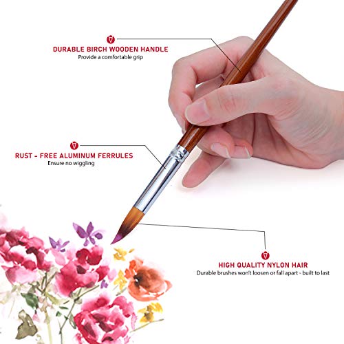 Artist Watercolor Paint Brushes Set 13pcs - Round Pointed Tip Soft Anti-Shedding Nylon Hair Wood Long Handle - Detail Paint Brush for Watercolor, Acrylics, Ink, Gouache, Oil, Tempera, Paint by Numbers