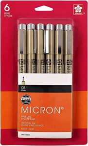 sakura pigma micron fineliner pens – archival black ink pens – pens for writing, drawing, or journaling – black colored ink – 08 point size – 6 pack