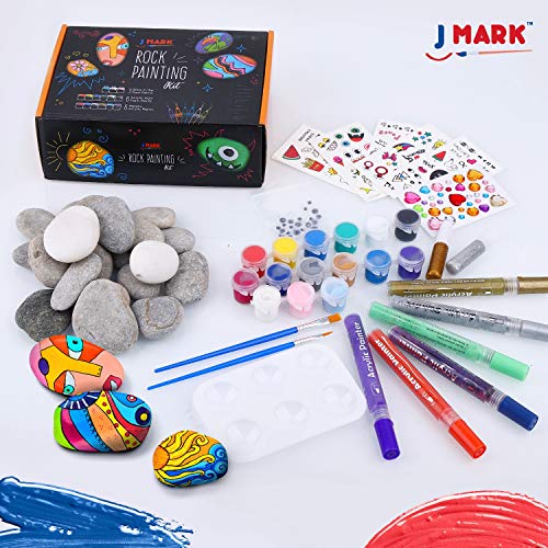 J MARK Premium Rock Painting Kit - 42 Piece Rock Paint Bundle- Rocks, Acrylic Paint Markers, Glow in The Dark, Metallic and Acrylic Paints, Transfer Stickers, Gems, Googly Eyes, Glitter Glues,Palette