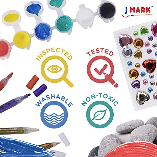 J MARK Premium Rock Painting Kit - 42 Piece Rock Paint Bundle- Rocks, Acrylic Paint Markers, Glow in The Dark, Metallic and Acrylic Paints, Transfer Stickers, Gems, Googly Eyes, Glitter Glues,Palette