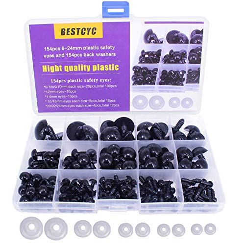 BESTCYC 1box(154pcs) 6/7/8/9/10/12/14/16/18/20/22/24mm Black Solid Plastic Safety Eyes Craft Safety Eyes DIY Eyes with Washers for Teddy Bear Doll Plush Animal Puppet Crafts