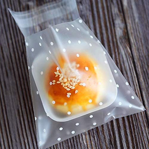 200 Pack DIY Self Adhesive Plastic Transparent Candy Cookie Gift Bag, 4" x 4" Reclosable White Polka Dot Self Sealing Packaging Bags, Chocolate Small Treat Party Birthday Wedding Halloween Christmas