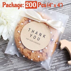 200 Pack DIY Self Adhesive Plastic Transparent Candy Cookie Gift Bag, 4" x 4" Reclosable White Polka Dot Self Sealing Packaging Bags, Chocolate Small Treat Party Birthday Wedding Halloween Christmas