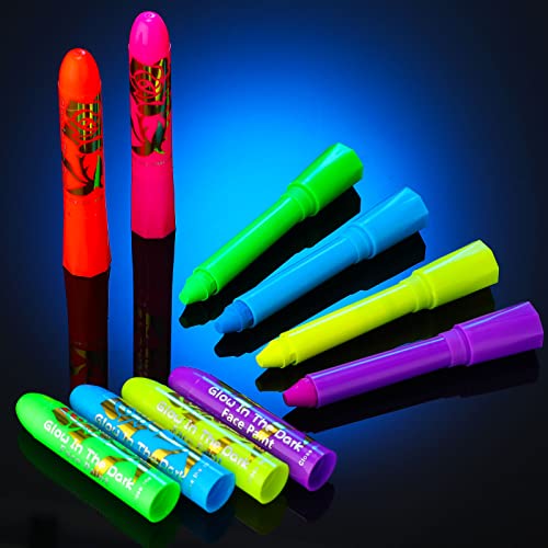 24 Pcs Glow in the Black Light Face Paint Crayons Neon Face Body Paint Sticks Uv Light Paint Kit Fluorescent Halloween Masquerade Makeup for Adult Mardi Gras Parties (Assorted Color, Classic Style)