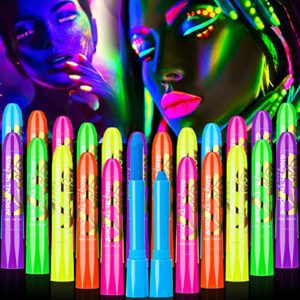24 pcs glow in the black light face paint crayons neon face body paint sticks uv light paint kit fluorescent halloween masquerade makeup for adult mardi gras parties (assorted color, classic style)