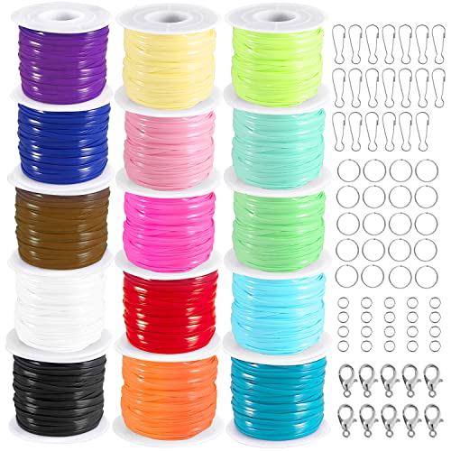 KAMJUNTAR Lanyard String,15 Rolls Gimp String Plastic Lacing Cord Plastic String Lanyard Kit for Friendship Bracelets Jewelry Making DIY Craft Boondoggle Gimp Bracelet Making Kit for Kids Girls