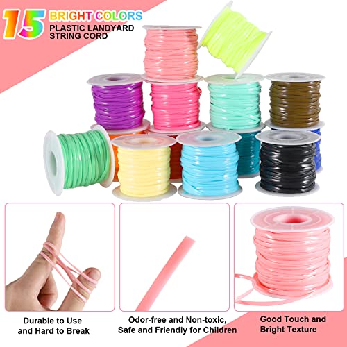 KAMJUNTAR Lanyard String,15 Rolls Gimp String Plastic Lacing Cord Plastic String Lanyard Kit for Friendship Bracelets Jewelry Making DIY Craft Boondoggle Gimp Bracelet Making Kit for Kids Girls