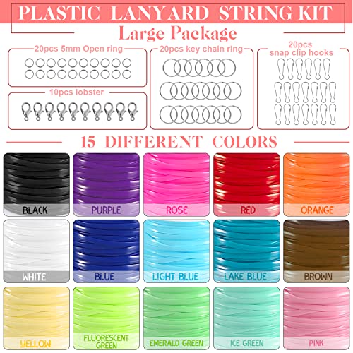 KAMJUNTAR Lanyard String,15 Rolls Gimp String Plastic Lacing Cord Plastic String Lanyard Kit for Friendship Bracelets Jewelry Making DIY Craft Boondoggle Gimp Bracelet Making Kit for Kids Girls