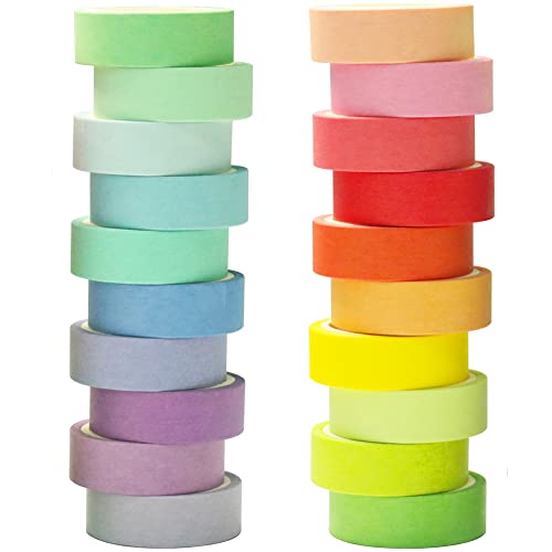20 Rolls Washi Tape Set, Rainbow Washi Tape Colorful Masking Tape 15mm Wide, Decorative Tape for Bullet Journal, Book, Planner, Scrapbooking, DIY Arts Crafts, Gift Packaging