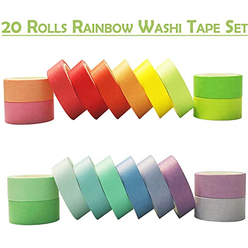 20 Rolls Washi Tape Set, Rainbow Washi Tape Colorful Masking Tape 15mm Wide, Decorative Tape for Bullet Journal, Book, Planner, Scrapbooking, DIY Arts Crafts, Gift Packaging