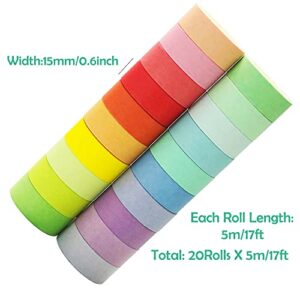 20 Rolls Washi Tape Set, Rainbow Washi Tape Colorful Masking Tape 15mm Wide, Decorative Tape for Bullet Journal, Book, Planner, Scrapbooking, DIY Arts Crafts, Gift Packaging
