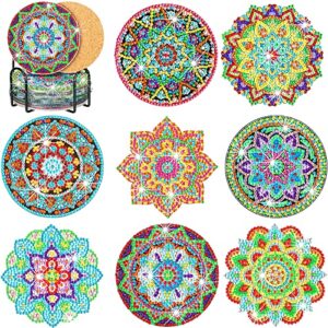 8 pcs diamond painting coasters with holder diy diamond painting kits for adults cork mat diamond art paintings with gem for kid beginners paint craft supplies (mandala style)