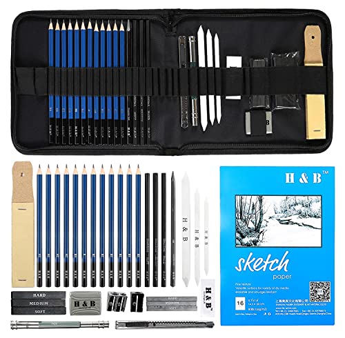 H & B Drawing Pencils Set, 33 Pieces Sketch Pencils & Drawing Kit, Complete Artist Kit Includes Sketch Pad, Graphite Pencils, Charcoal Sticks and Eraser, Art Supplies for Artists Beginner Adults Teens