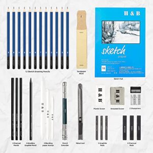 H & B Drawing Pencils Set, 33 Pieces Sketch Pencils & Drawing Kit, Complete Artist Kit Includes Sketch Pad, Graphite Pencils, Charcoal Sticks and Eraser, Art Supplies for Artists Beginner Adults Teens