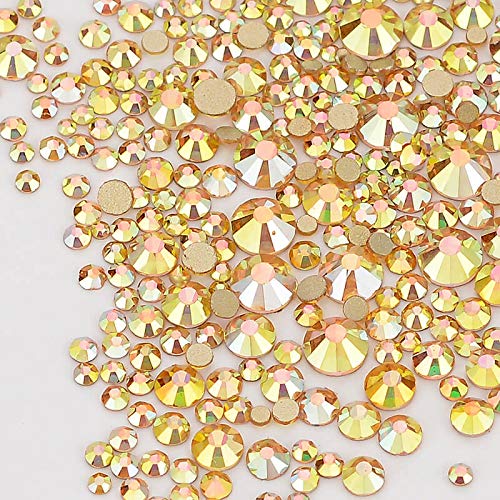 Dowarm 2650 Pieces Glue Fix Glass Flat Back Crystal Rhinestones Round Gems, 6 Sizes 1.5mm - 6.5mm, Non Hotfix Flatback Crystals Loose Gemstones for Crafts Nail Face Art Clothes (Metal Sunlight/Gold)