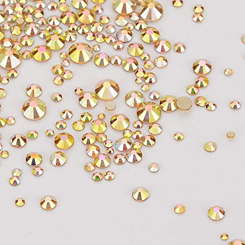 Dowarm 2650 Pieces Glue Fix Glass Flat Back Crystal Rhinestones Round Gems, 6 Sizes 1.5mm - 6.5mm, Non Hotfix Flatback Crystals Loose Gemstones for Crafts Nail Face Art Clothes (Metal Sunlight/Gold)