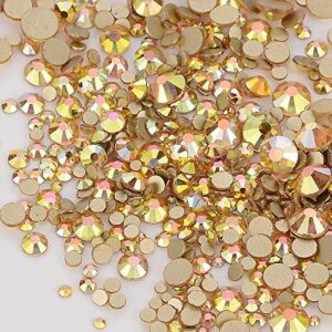 Dowarm 2650 Pieces Glue Fix Glass Flat Back Crystal Rhinestones Round Gems, 6 Sizes 1.5mm - 6.5mm, Non Hotfix Flatback Crystals Loose Gemstones for Crafts Nail Face Art Clothes (Metal Sunlight/Gold)